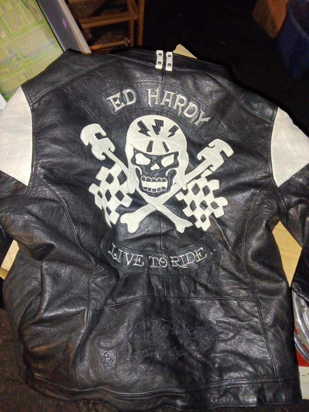 1990s Ed Hardy Black/Cream Soft Leather Jacket  New Old Stock W/Tags Read